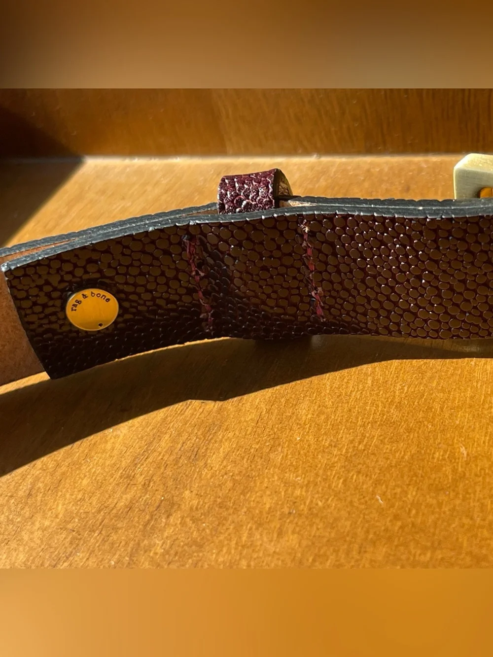 rag & bone Baby Boyfriend 2.0 Burgundy Textured Leather belt, two-tone buckle.